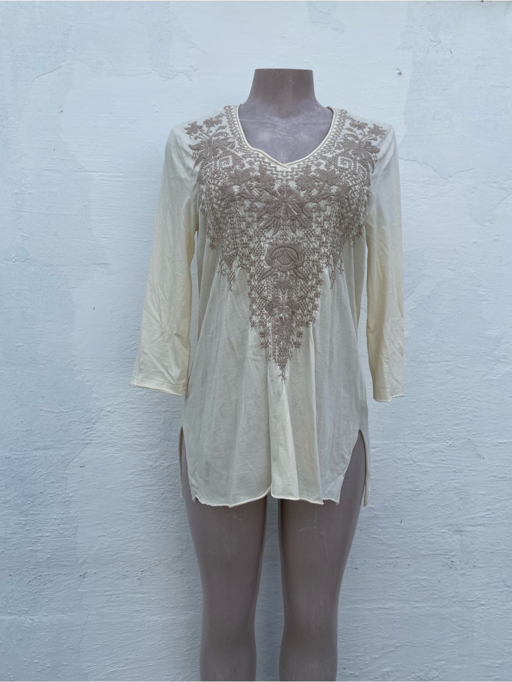 Johnny Was Cream Tunic Top with Taupe Embroidery